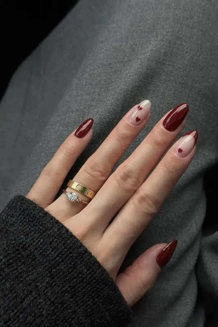 Deep Red Heart Accent Medium Almond Deep Red Heart Accent Medium Almond — Classy Red Almond Nails