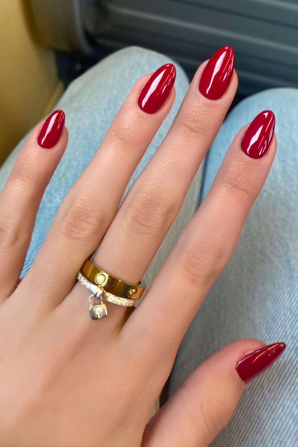 Deep Glossy Red Medium Almond Casual, Everyday Version Deep Glossy Red Medium Almond Casual, Everyday Version — Classy Red Almond Nails