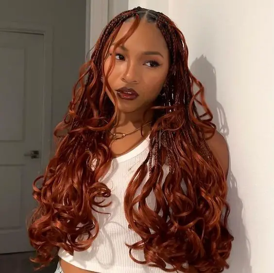 Mid-Back Copper Red Box Braids With Wavy Ends Mid-Back Copper Red Box Braids With Wavy Ends — Classy Red Braids