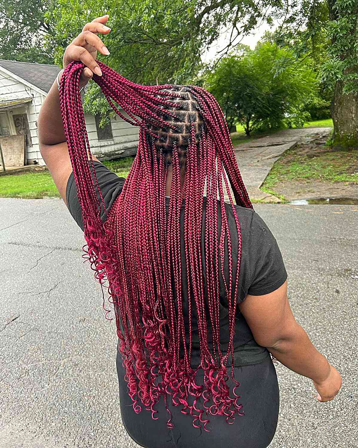 Mid-Back Red Box Braids With Curly Ends Mid-Back Red Box Braids With Curly Ends — Classy Red Braids