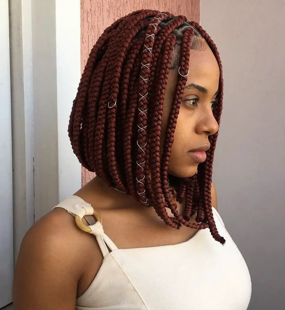 Chin-Length Reddish-Brown Box Braids With Rings Chin-Length Reddish-Brown Box Braids With Rings — Classy Red Braids