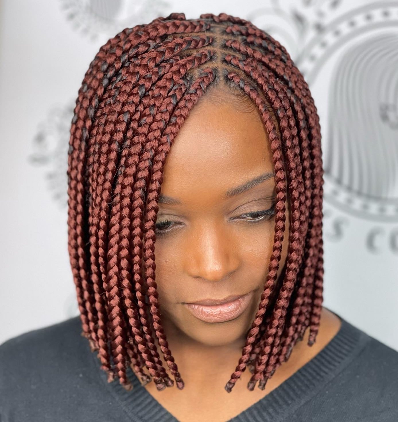 Chin-Length Wavy Reddish-Brown Box Braids, Close-Up Take Chin-Length Wavy Reddish-Brown Box Braids, Close-Up Take — Classy Red Braids