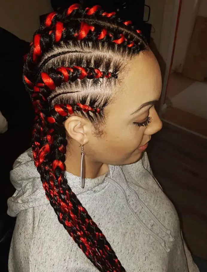 Mid-Back Cornrows With Black and Red Braids Mid-Back Cornrows With Black and Red Braids — Classy Red Braids