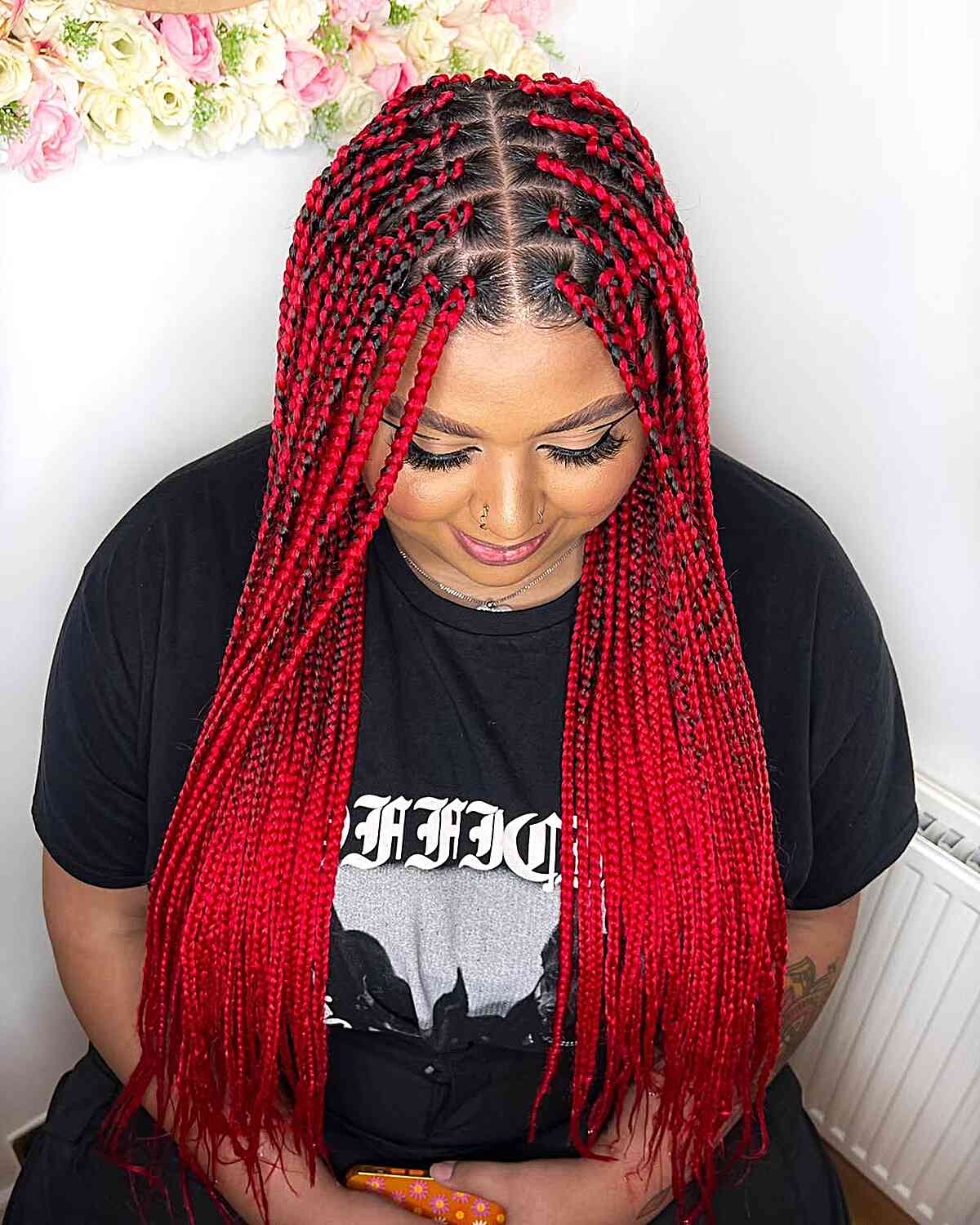 Mid-Back Red Box Braids With Straight Texture Mid-Back Red Box Braids With Straight Texture — Classy Red Braids