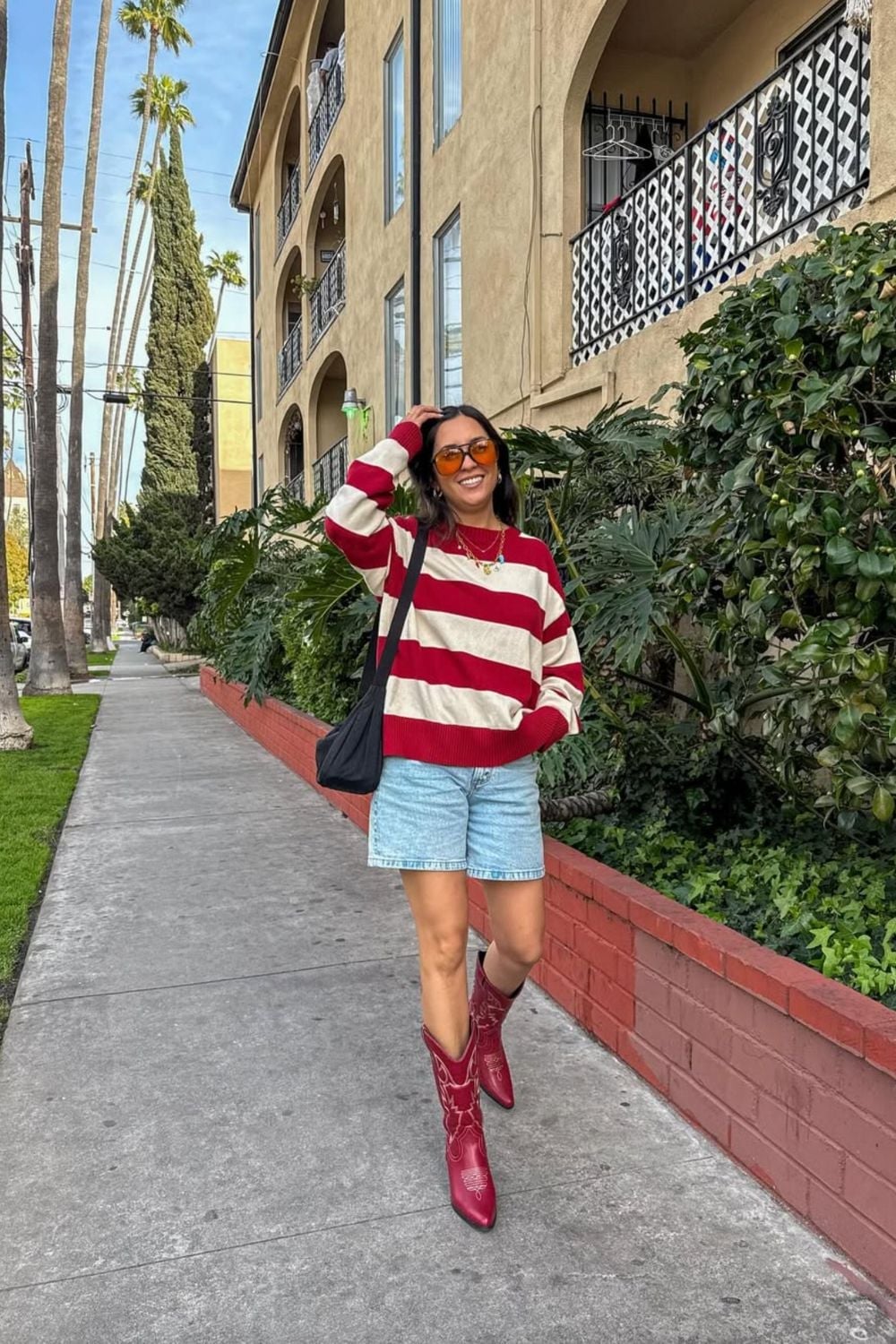Striped Sweater and Red Cowboy Boots with Denim Shorts Striped Sweater and Red Cowboy Boots with Denim Shorts — Classy Red Cowboy Boots Outfit