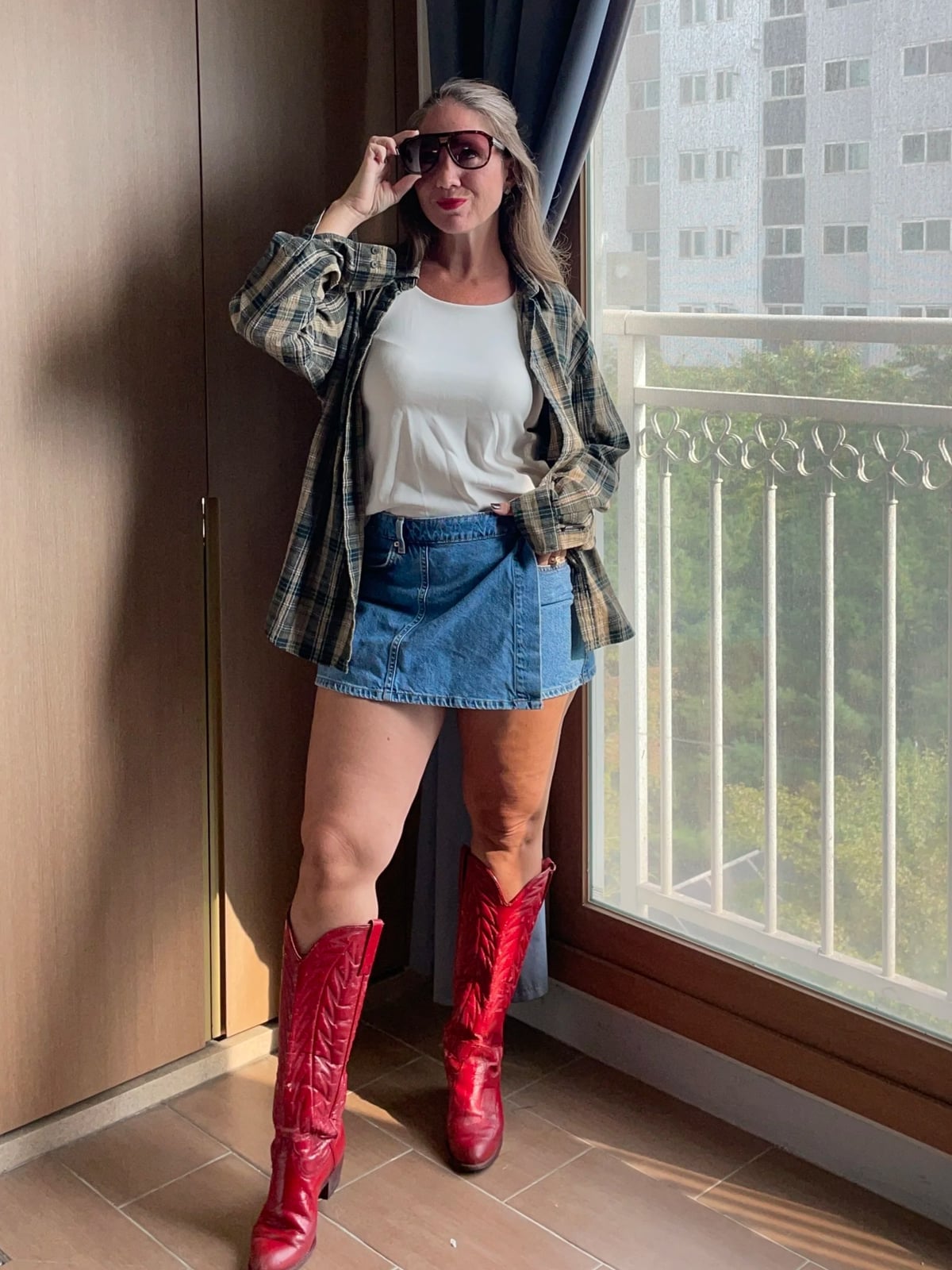 White Tank Top and Red Cowboy Boots with Plaid Shirt White Tank Top and Red Cowboy Boots with Plaid Shirt — Classy Red Cowboy Boots Outfit