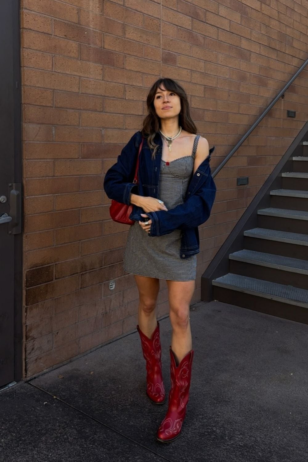 Denim Jacket and Red Cowboy Boots with Gingham Slip Dress Denim Jacket and Red Cowboy Boots with Gingham Slip Dress — Classy Red Cowboy Boots Outfit