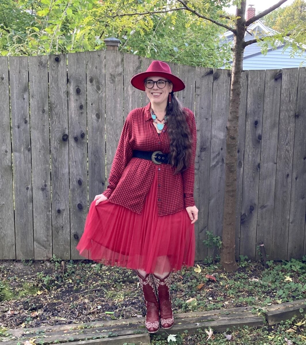 Red Plaid Shirt and Red Cowboy Boots with Tulle Skirt Red Plaid Shirt and Red Cowboy Boots with Tulle Skirt — Classy Red Cowboy Boots Outfit
