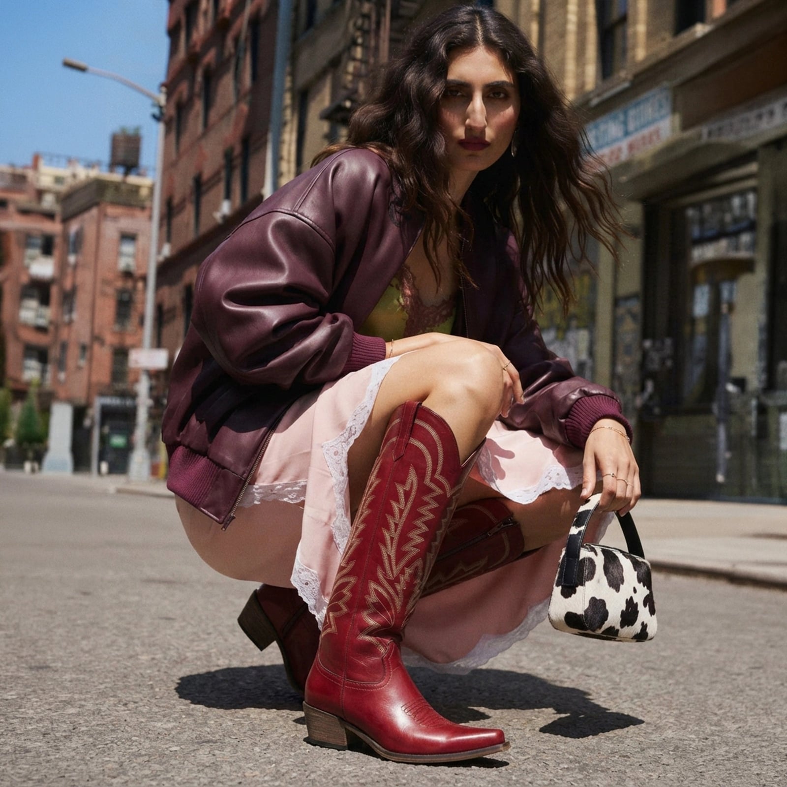 Burgundy Bomber Jacket and Red Embroidered Boots Burgundy Bomber Jacket and Red Embroidered Boots — Classy Red Cowboy Boots Outfit
