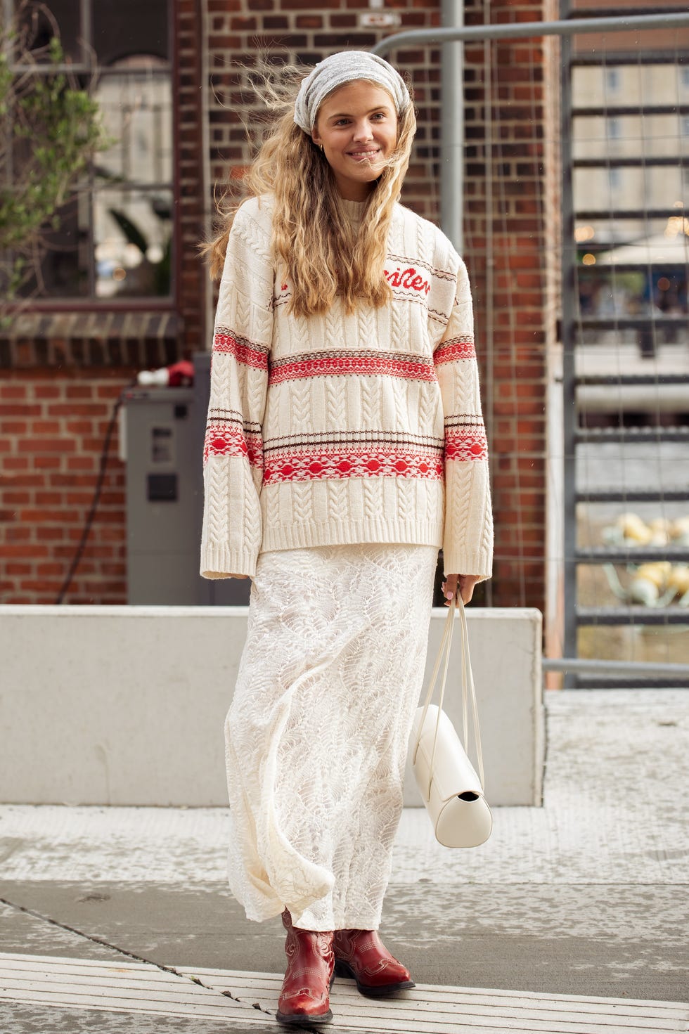 Cream Cable-Knit Sweater and Red Cowboy Boots with Lace Skirt Cream Cable-Knit Sweater and Red Cowboy Boots with Lace Skirt — Classy Red Cowboy Boots Outfit
