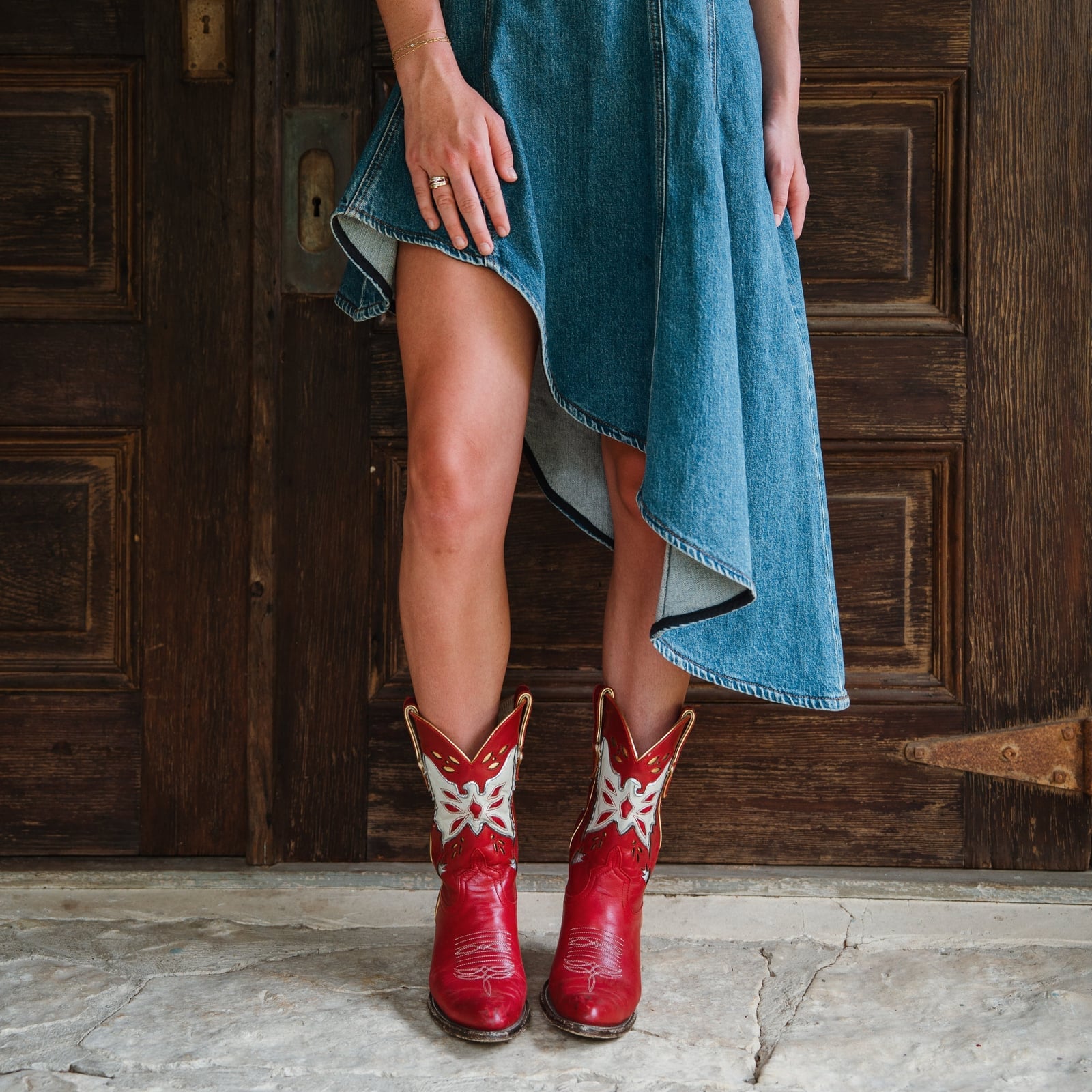 Blue Denim A-line Dress and Red Cowboy Boots with Eagle Detail Blue Denim A-line Dress and Red Cowboy Boots with Eagle Detail — Classy Red Cowboy Boots Outfit