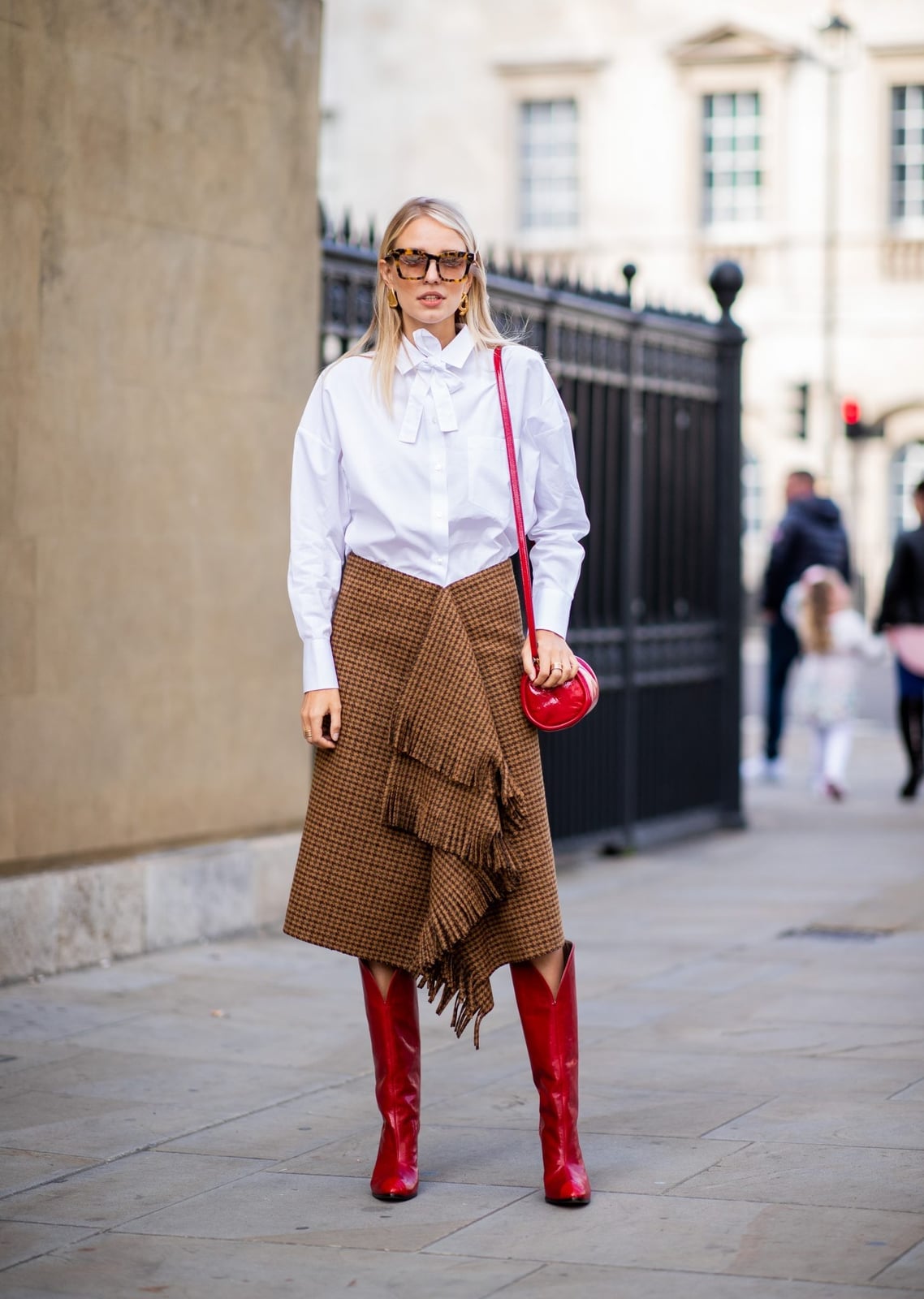 White Button-Down Shirt and Red Cowboy Boots with Brown Skirt White Button-Down Shirt and Red Cowboy Boots with Brown Skirt — Classy Red Cowboy Boots Outfit