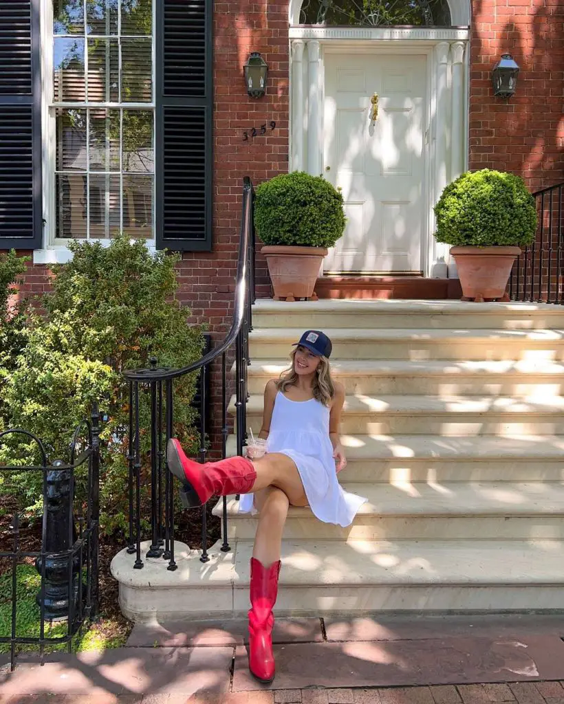 White Mini Dress and Bright Red Cowboy Boots White Mini Dress and Bright Red Cowboy Boots — Classy Red Cowboy Boots Outfit
