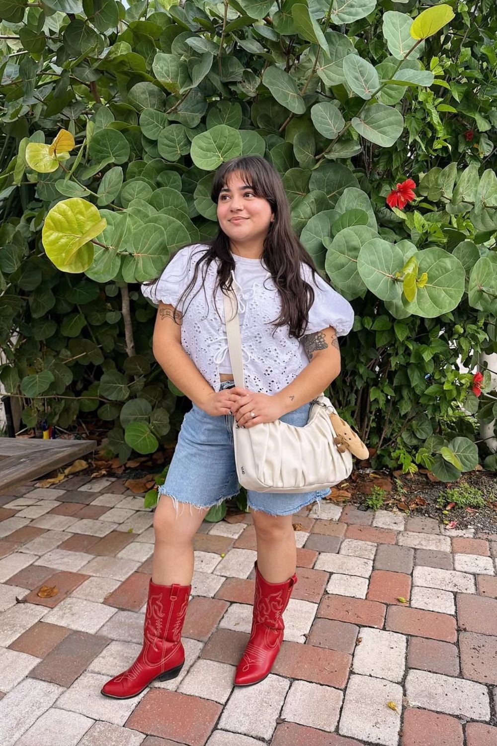 White Puff-Sleeve Top and Red Cowboy Boots with Denim Shorts White Puff-Sleeve Top and Red Cowboy Boots with Denim Shorts — Classy Red Cowboy Boots Outfit