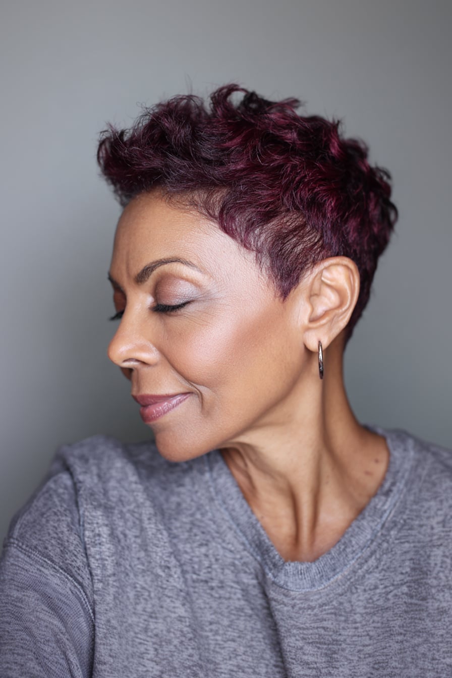 Short Textured Pixie Cut In Burgundy Short Textured Pixie Cut In Burgundy — Classy Red Hair Black Women