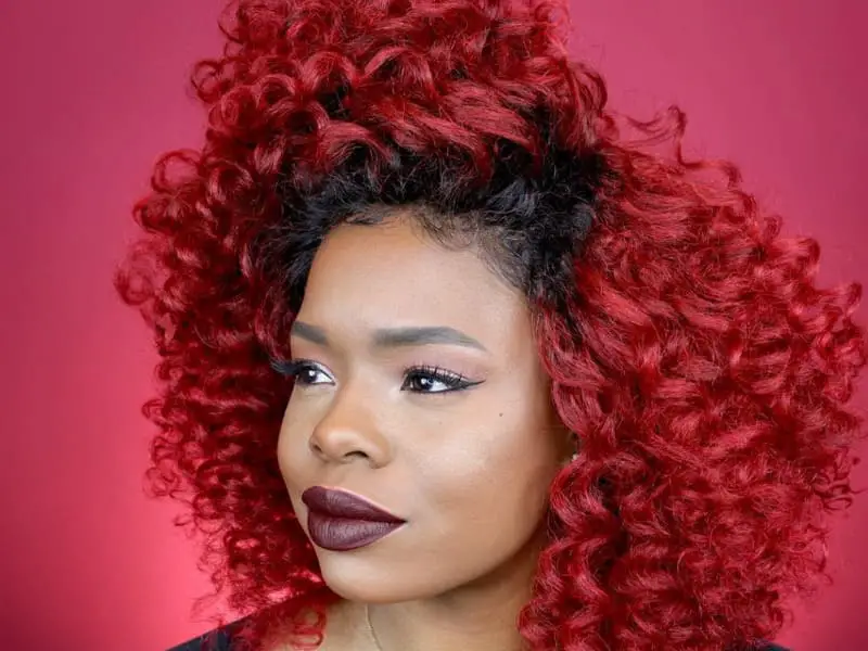 Shoulder Length Curly Cherry Red, Close-Up Take Shoulder Length Curly Cherry Red, Close-Up Take — Classy Red Hair Black Women