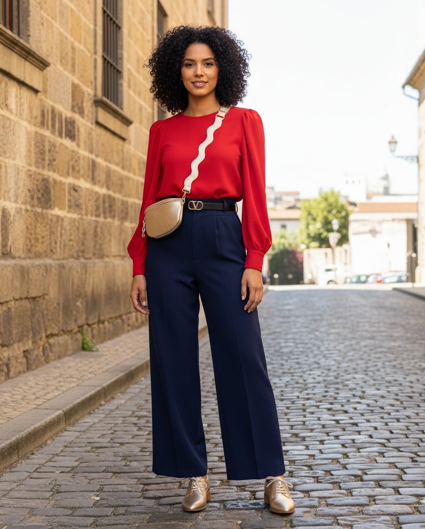 Vibrant Red Long Sleeve Top With Wide Leg Trousers Vibrant Red Long Sleeve Top With Wide Leg Trousers — Classy Red Top Outfits