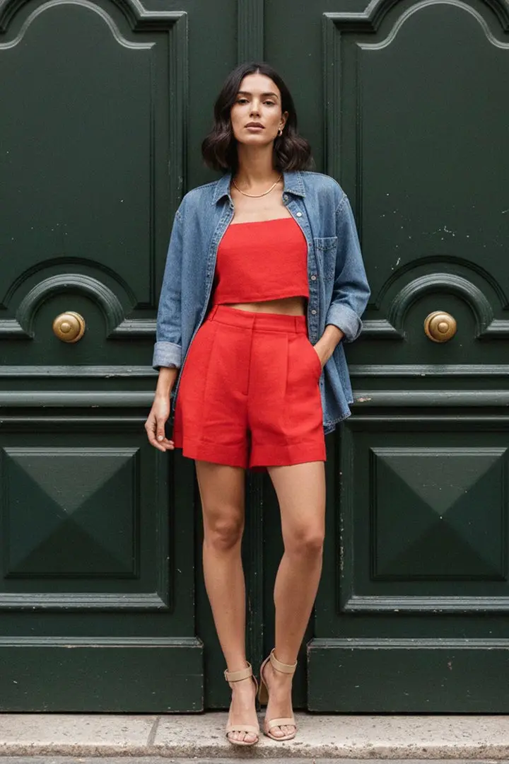 Red Linen Bandeau Top With Denim Shirt Red Linen Bandeau Top With Denim Shirt — Classy Red Top Outfits