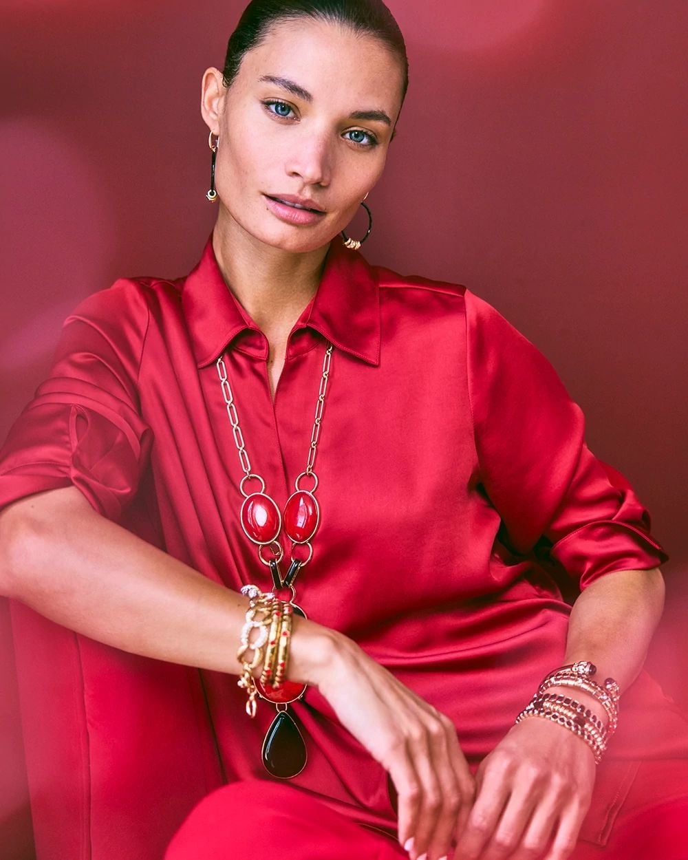 Dressy Red Silk Shirt With Layered Gold Jewelry Dressy Red Silk Shirt With Layered Gold Jewelry — Classy Red Top Outfits