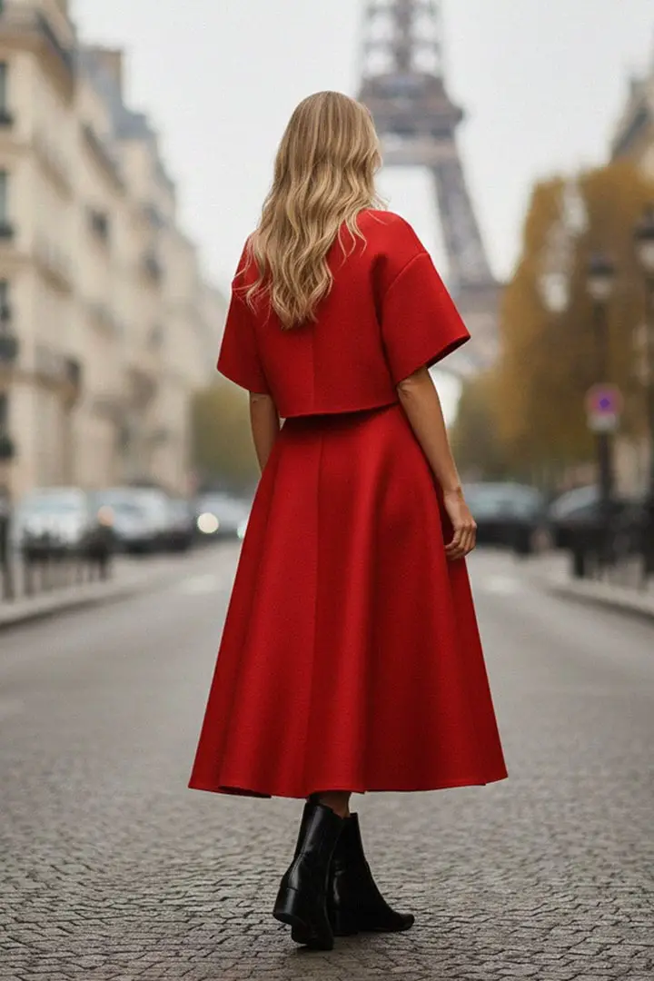 Chic Red Cropped Cape Top With Flared Midi Skirt Chic Red Cropped Cape Top With Flared Midi Skirt — Classy Red Top Outfits