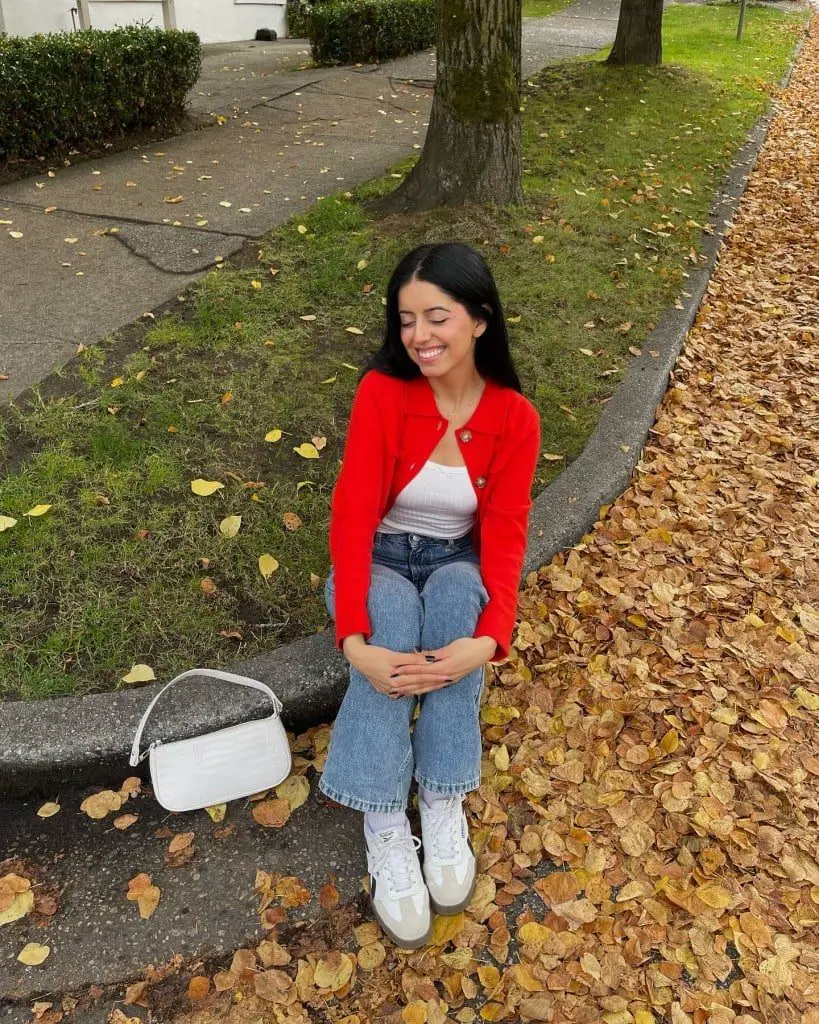 Casual Red Cropped Cardigan Over White Tank Casual Red Cropped Cardigan Over White Tank — Classy Red Top Outfits