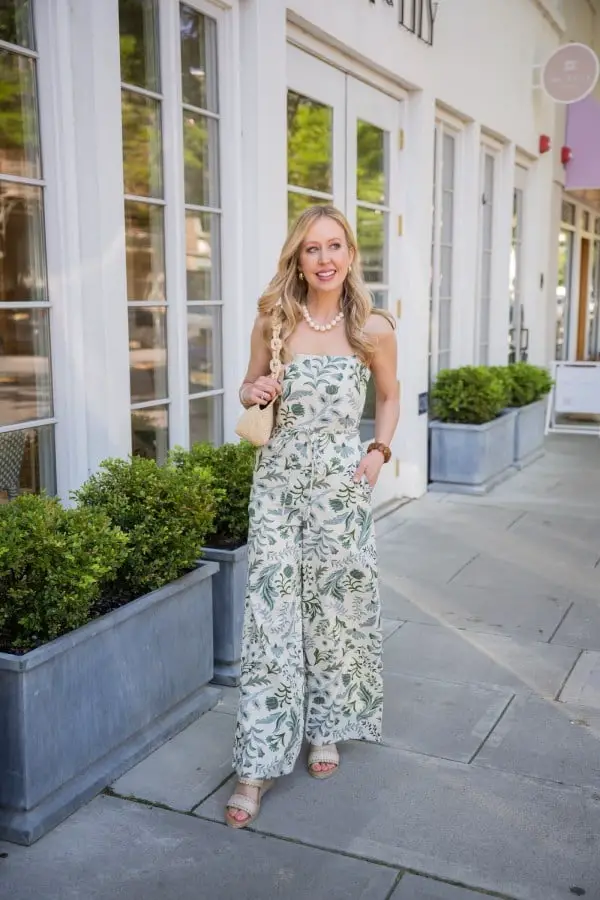 Botanical Print Strapless Wide Leg Jumpsuit Botanical Print Strapless Wide Leg Jumpsuit — Classy Restaurant Outfit