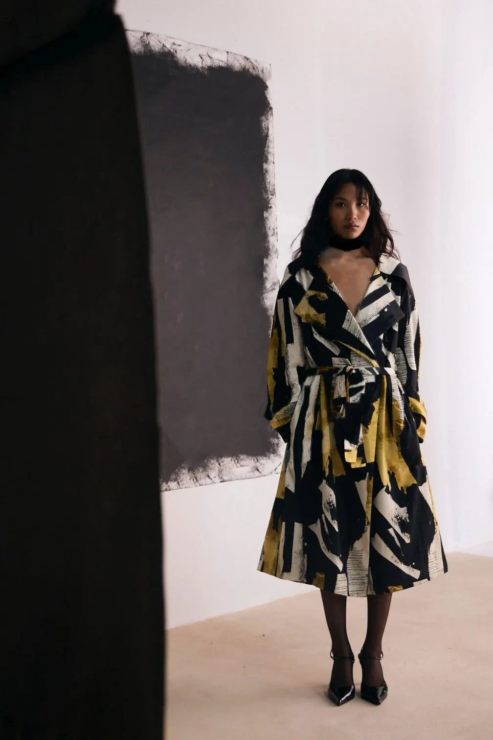 Abstract Print Wrap Dress with Sheer Tights Abstract Print Wrap Dress with Sheer Tights — Classy Restaurant Outfit