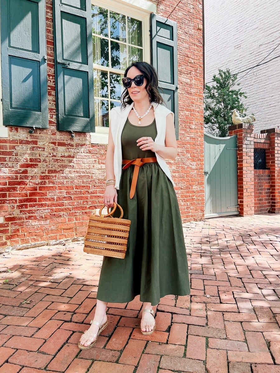 Olive Green Midi Dress with White Vest Olive Green Midi Dress with White Vest — Classy Restaurant Outfit