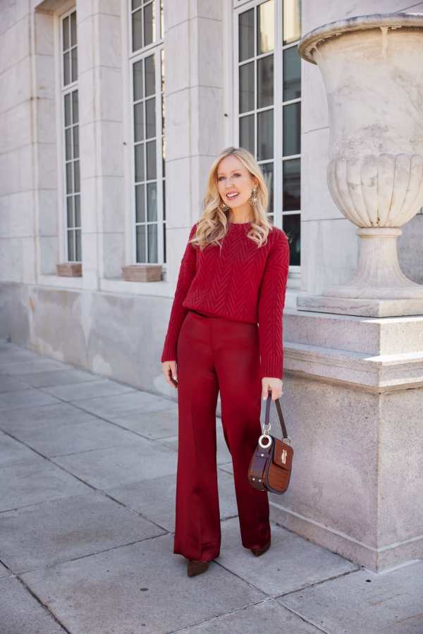 Red Sweater and Burgundy Satin Trousers Red Sweater and Burgundy Satin Trousers — Classy Restaurant Outfit