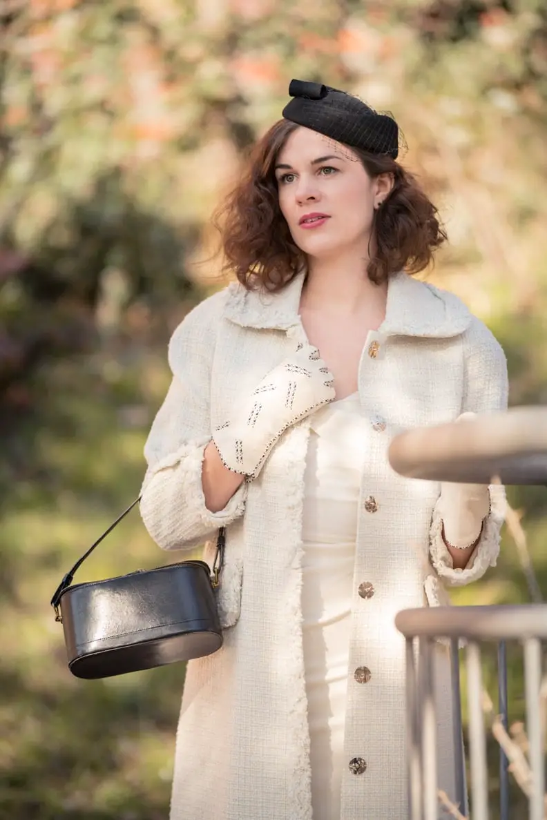 Cream Textured Jacket Over Cream Dress with Embellished Gloves — Classy Retro Outfits