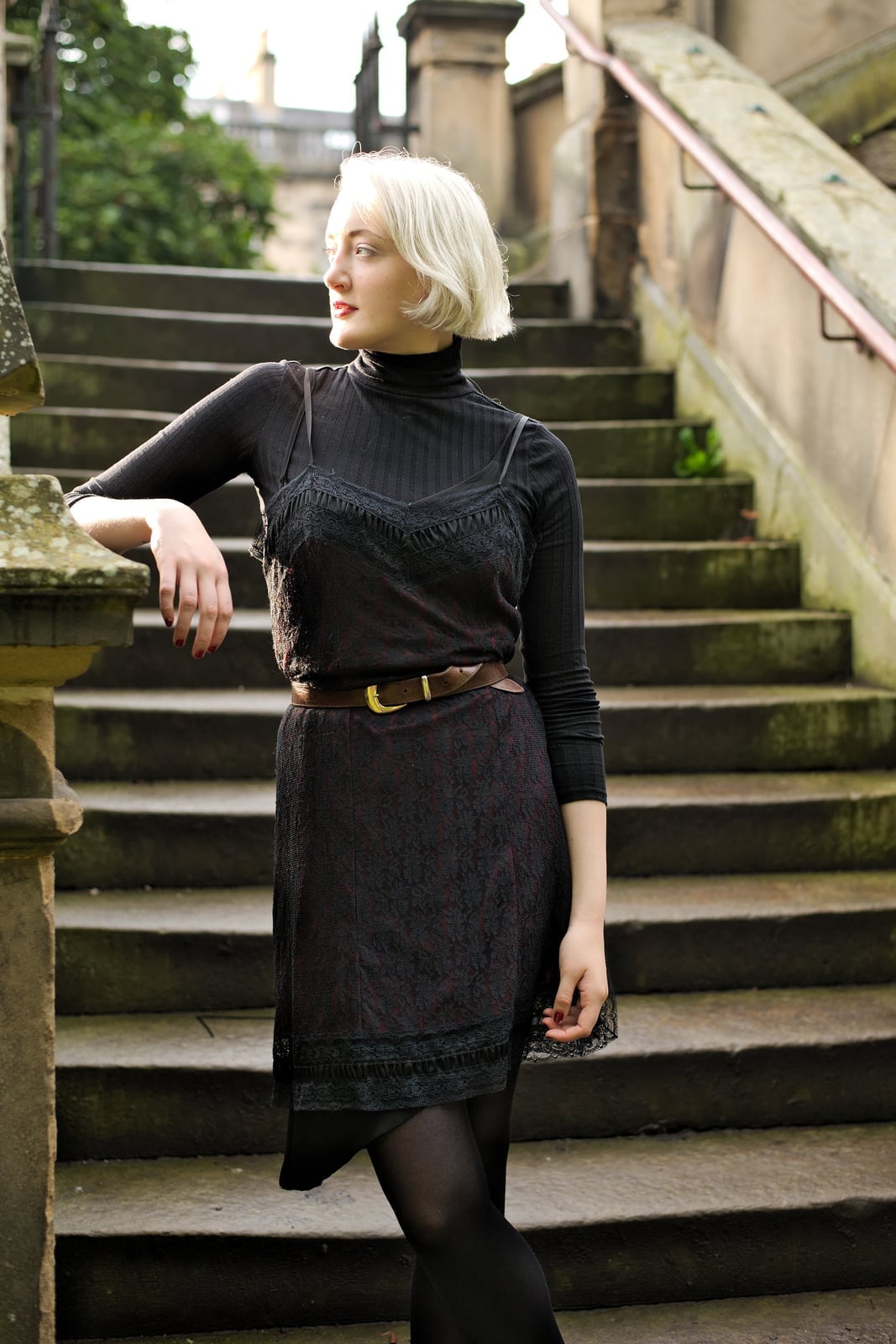 Black Lace Slip Dress Over Black Turtleneck — Classy Retro Outfits