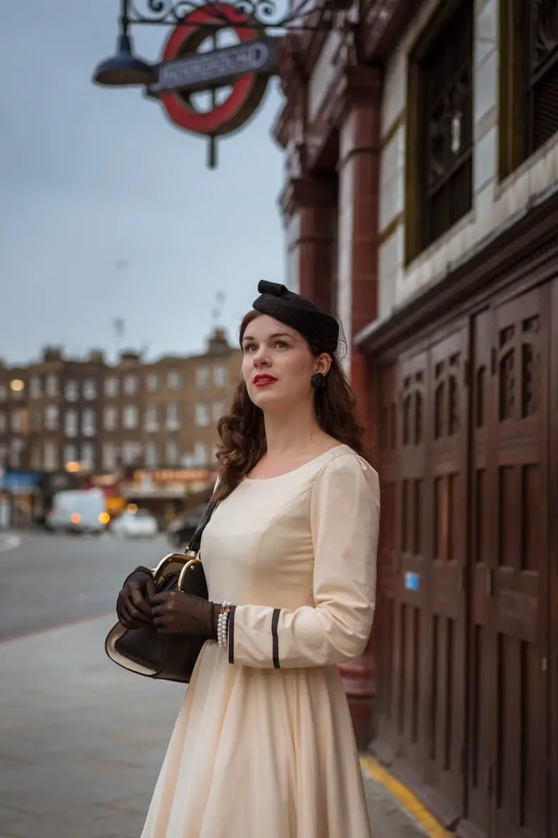 Cream Long-Sleeve Dress with Black Pillbox Hat — Classy Retro Outfits