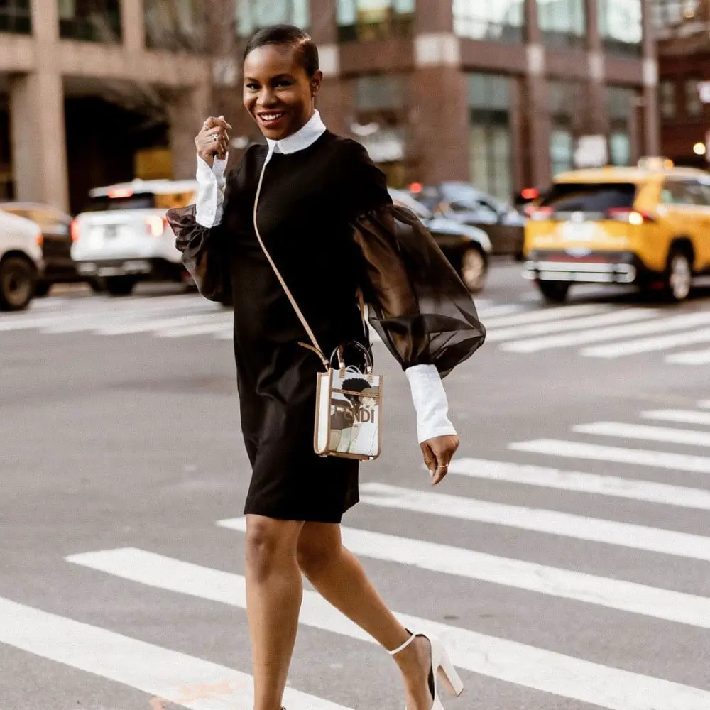 Black Dress with Sheer Organza Sleeves and White Shirt — Classy Retro Outfits