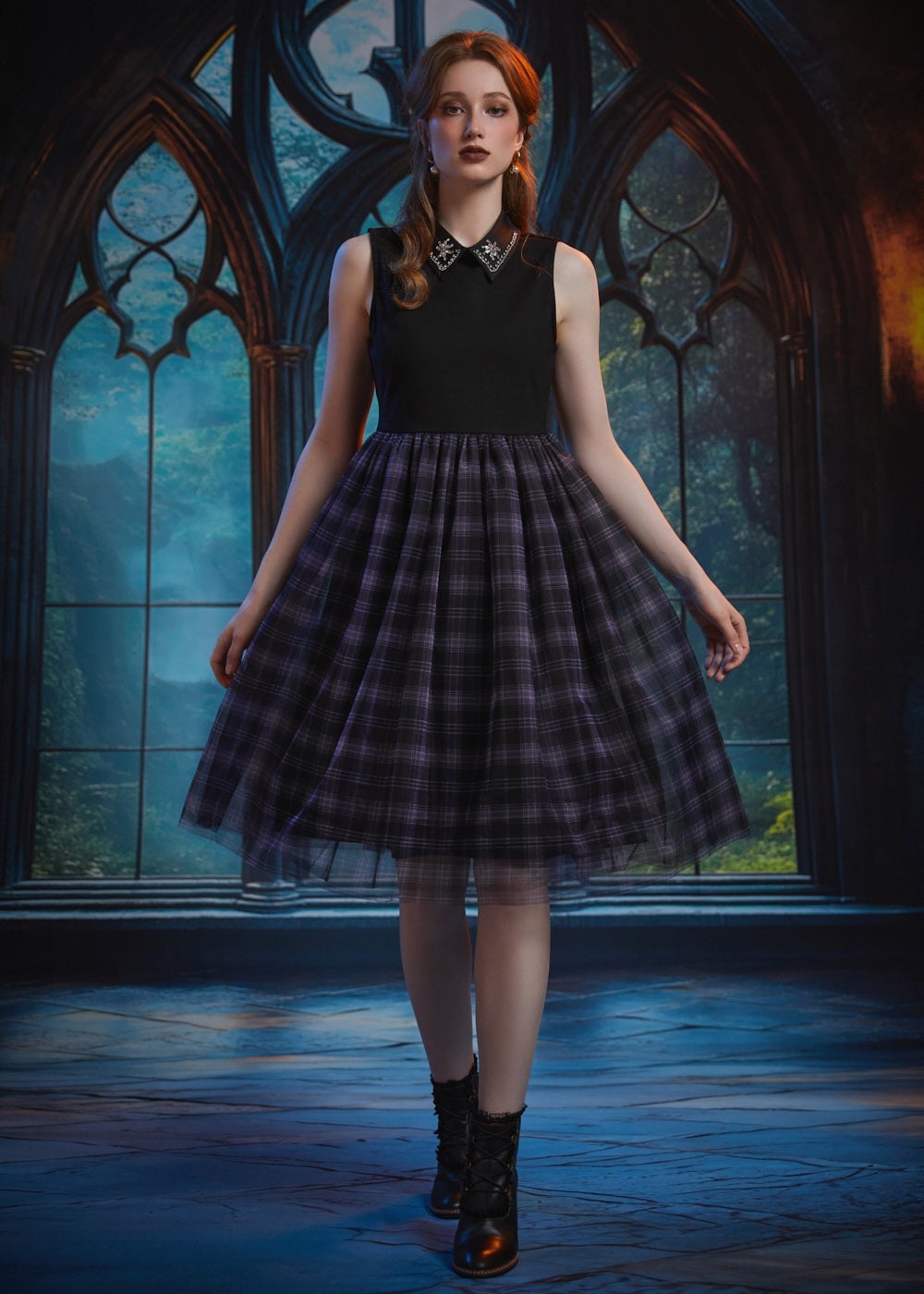 Purple and Gray Plaid Tulle Skirt with Embellished Top — Classy Retro Outfits