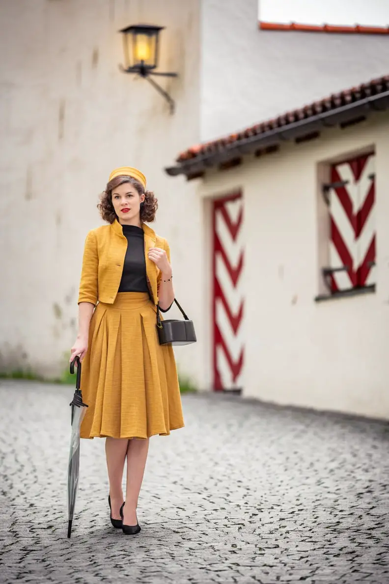 Mustard Yellow Skirt Suit with Black Turtleneck — Classy Retro Outfits