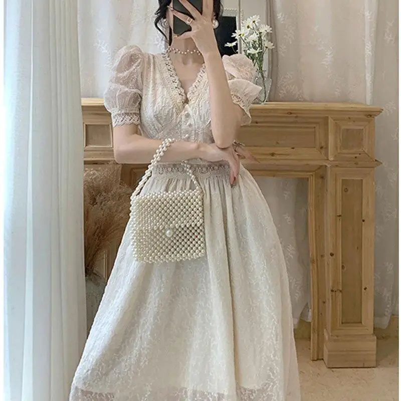 Cream Lace Midi Dress with Pearl Handbag — Classy Retro Outfits