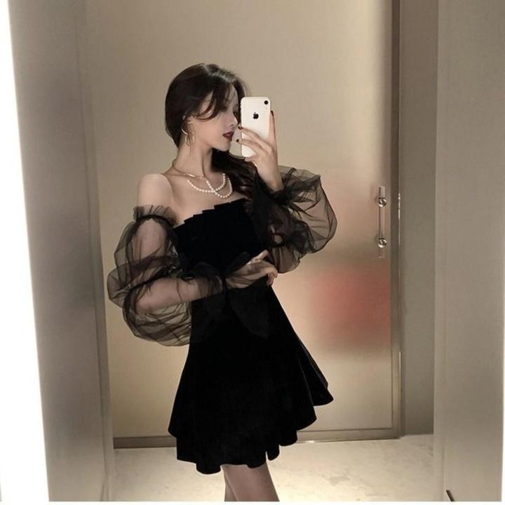 Black Velvet Dress with Sheer Organza Puff Sleeves and Pearl Necklace — Classy Retro Outfits