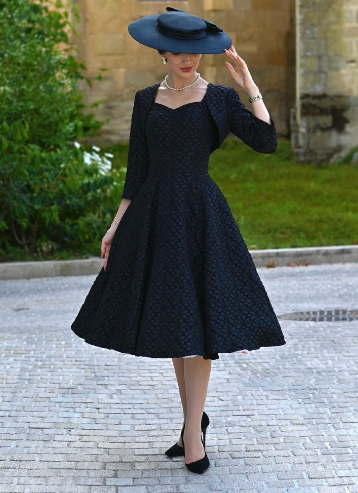 Black Jacquard Dress and Jacket Set with Pearl Accents — Classy Retro Outfits
