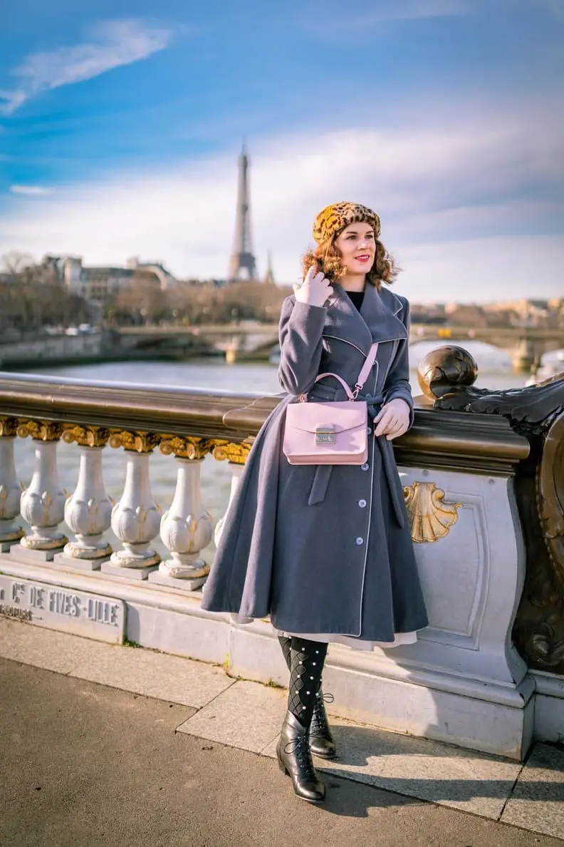 Gray Double-Breasted Coat with Full Circle Skirt Silhouette — Classy Retro Outfits