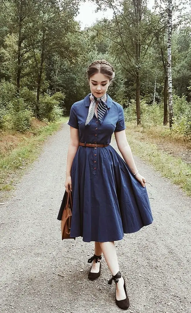 Dark Blue Shirt Dress with Striped Scarf Dark Blue Shirt Dress with Striped Scarf — Classy Retro Style