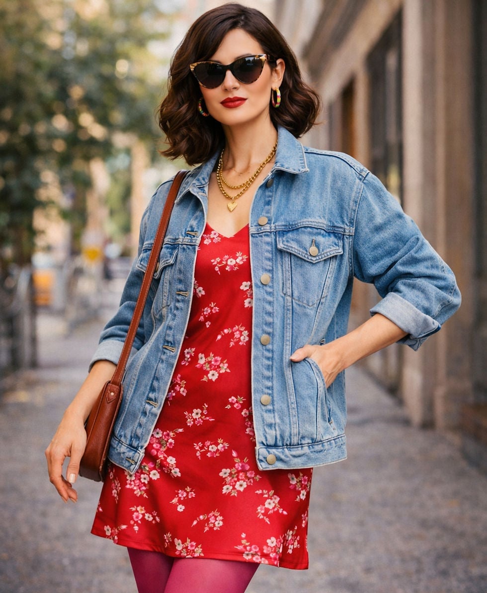 Red Floral Slip Dress Layered with Denim Jacket Red Floral Slip Dress Layered with Denim Jacket — Classy Retro Style