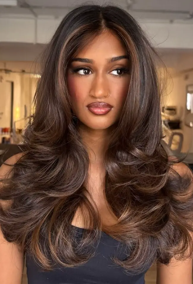 Mid-Back Layers With Caramel Balayage Mid-Back Layers With Caramel Balayage — Classy Rich Brunette