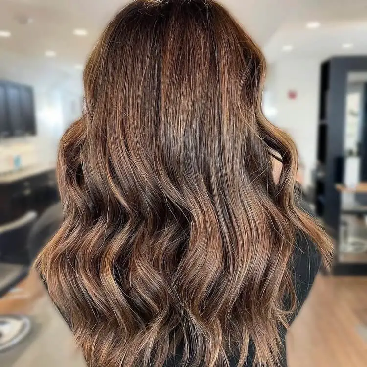 Mid-Back Wavy Hair With Finely Woven Highlights Mid-Back Wavy Hair With Finely Woven Highlights — Classy Rich Brunette