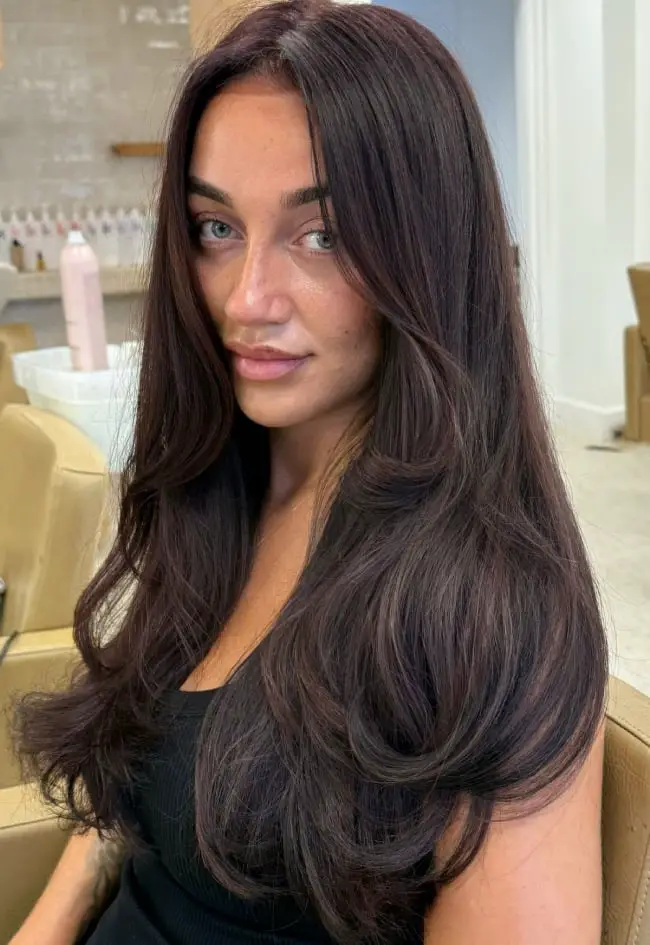 Mid-Back Soft Waves With Lighter Brown Highlights and Long Layers Mid-Back Soft Waves With Lighter Brown Highlights and Long Layers — Classy Rich Brunette