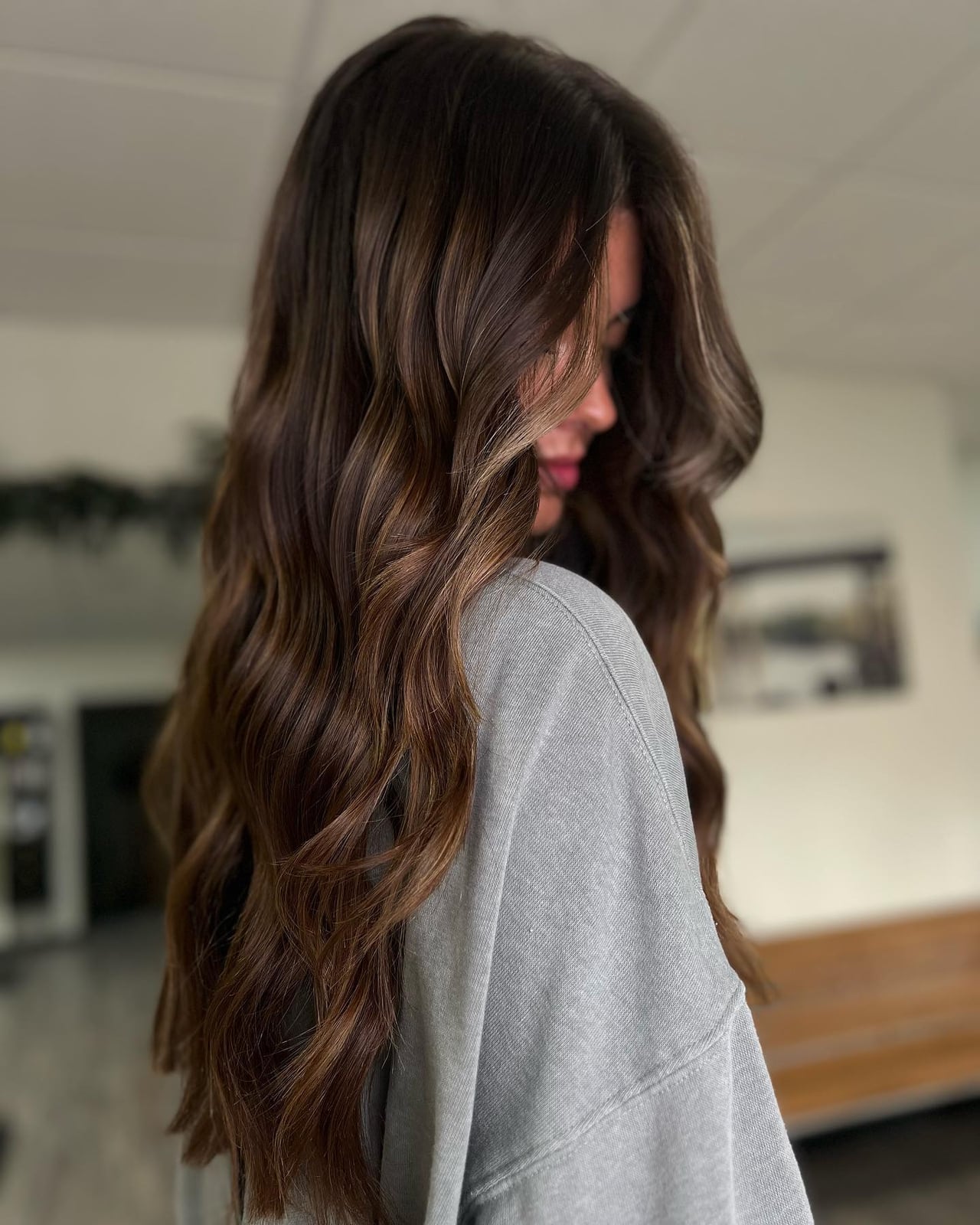 Mid-Back Layers With Caramel Highlights Back View Mid-Back Layers With Caramel Highlights Back View — Classy Rich Brunette