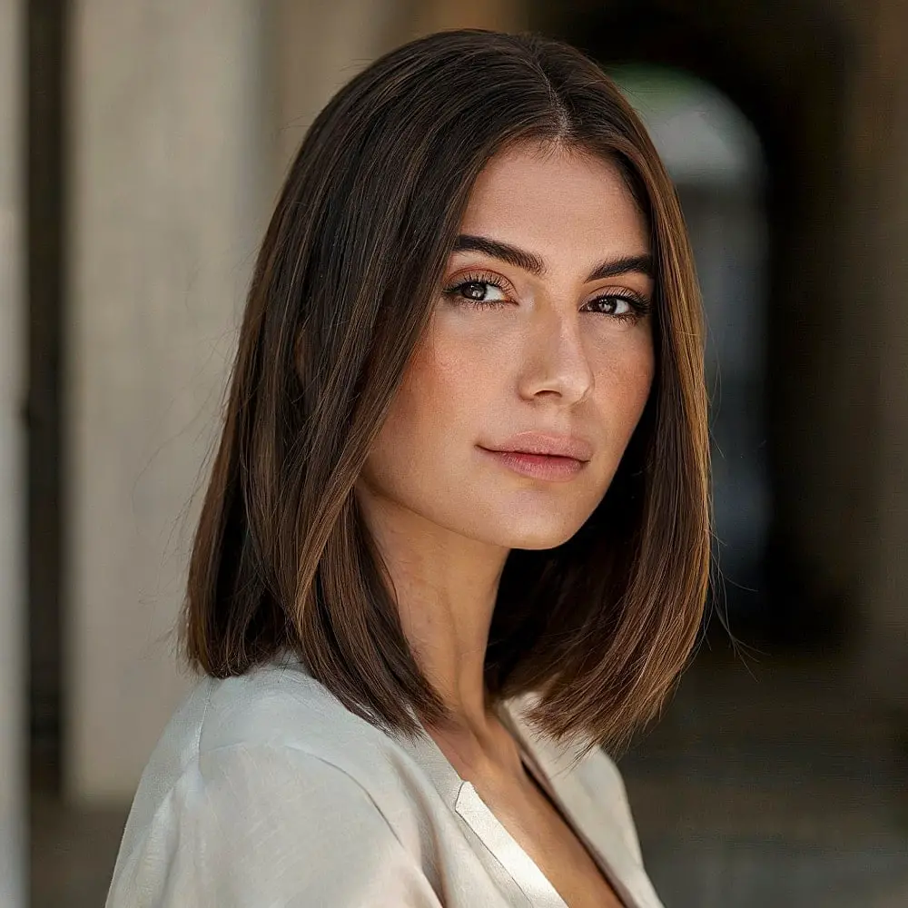 Chin Length Sleek Blunt Bob Chin Length Sleek Blunt Bob — Classy Rich Brunette