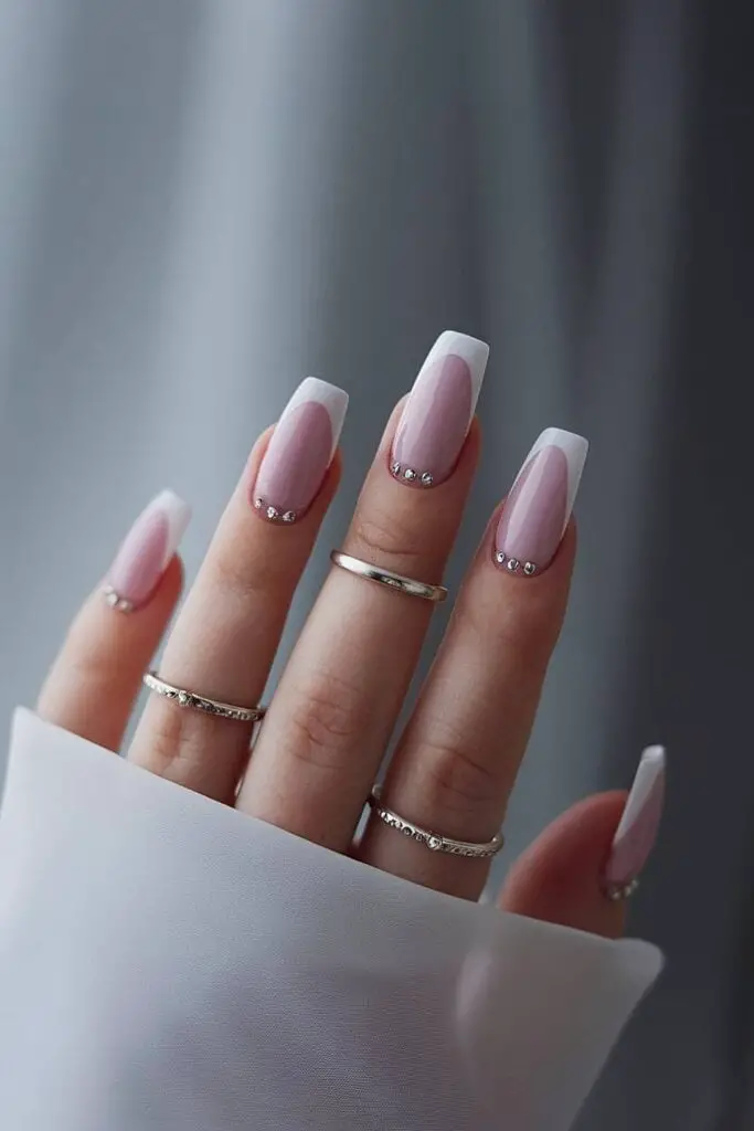 Long Square Pink Nude French with Rhinestones Long Square Pink Nude French with Rhinestones — Classy Ring Nails