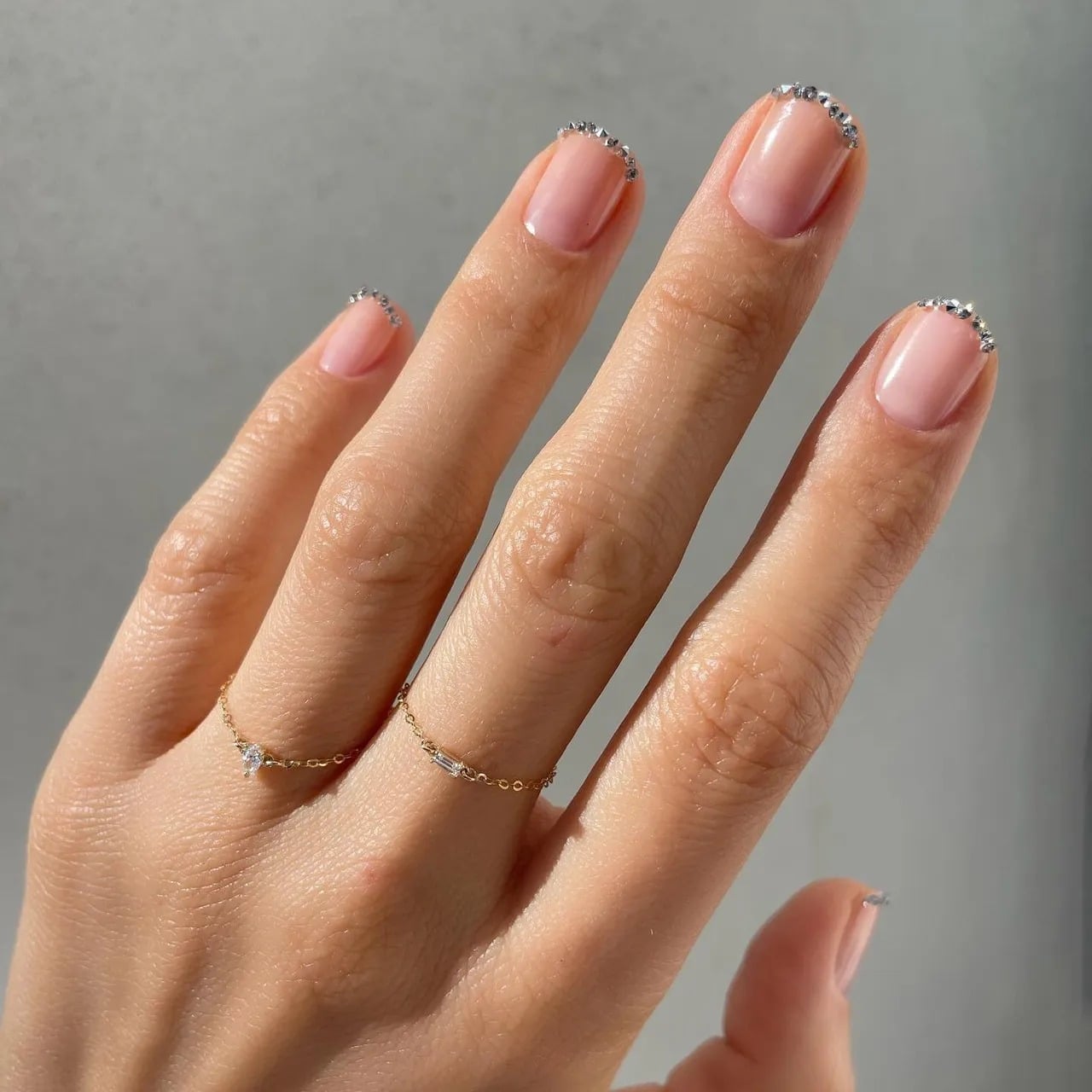 Medium Almond Pink with Rhinestone Smile Line Medium Almond Pink with Rhinestone Smile Line — Classy Ring Nails