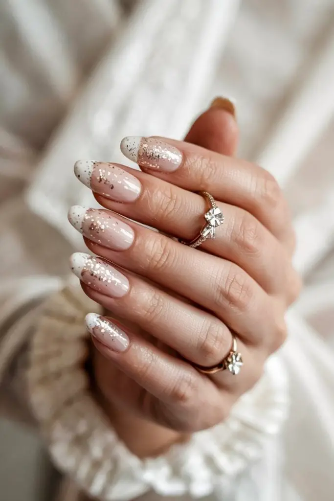 Medium Oval Nude French with Glitter Medium Oval Nude French with Glitter — Classy Ring Nails