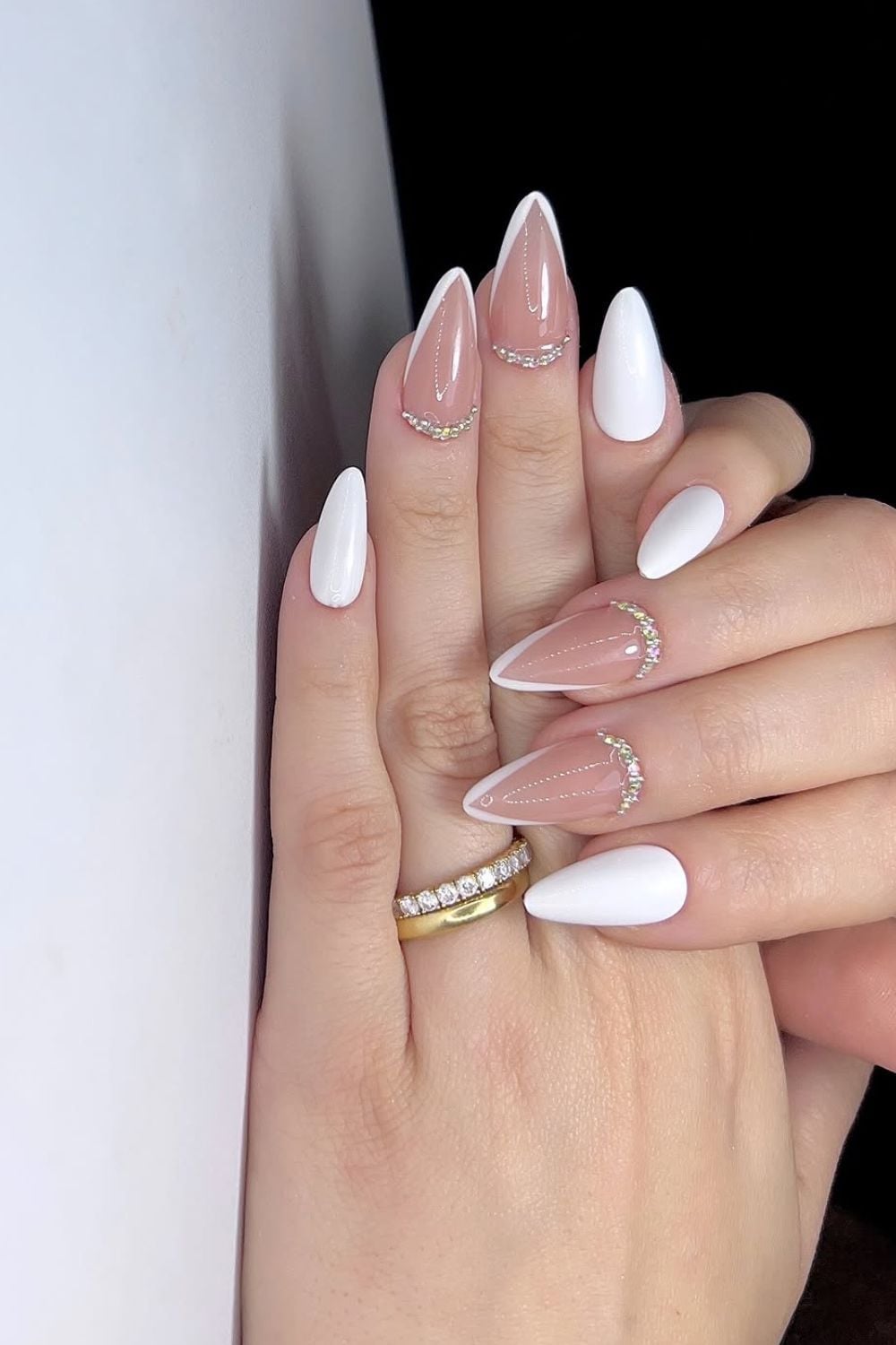 Medium Almond French with Gold Line Medium Almond French with Gold Line — Classy Ring Nails